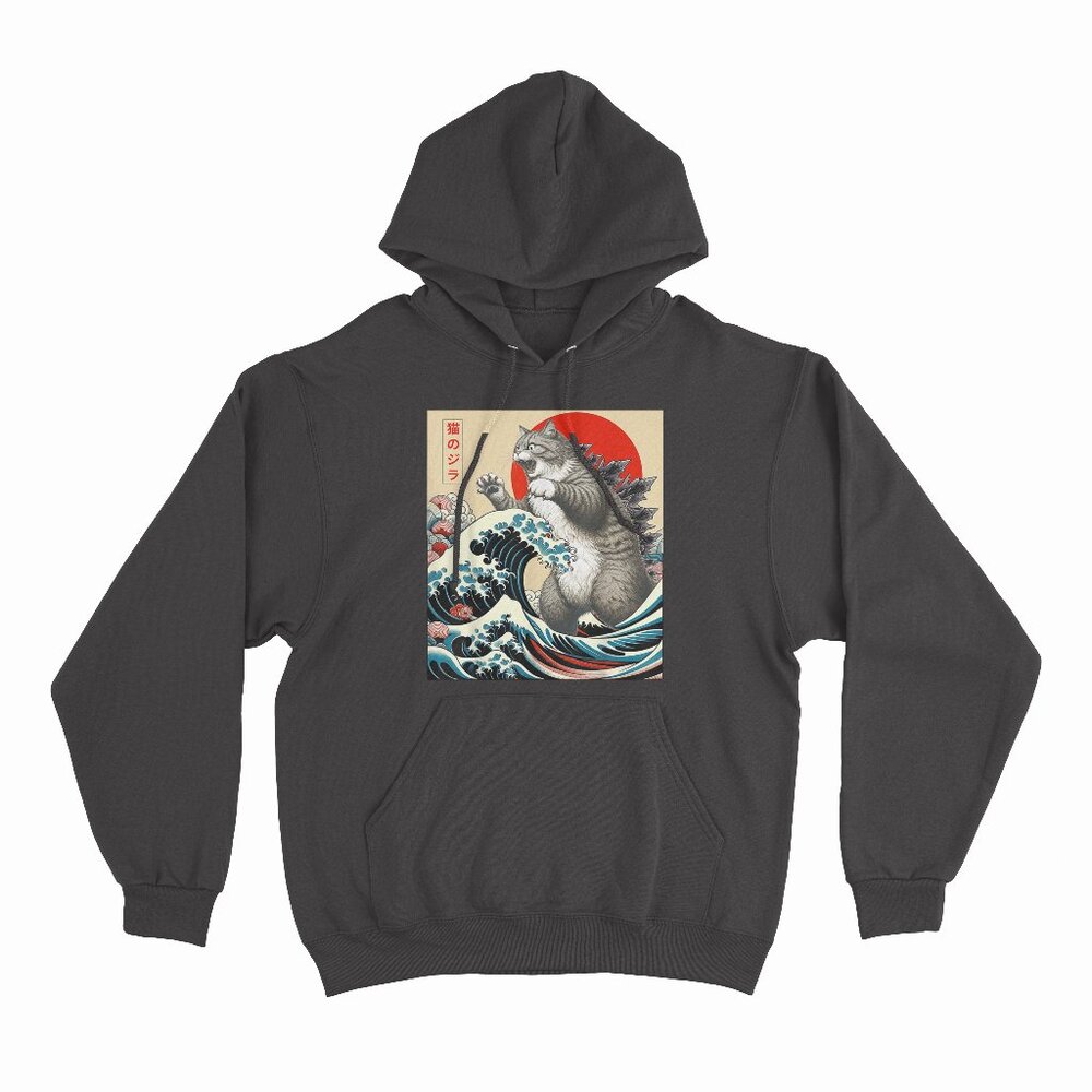 Catzilla Cat Japanese Art Funny Cat Gifts For Men Women Kid Black Hoodie